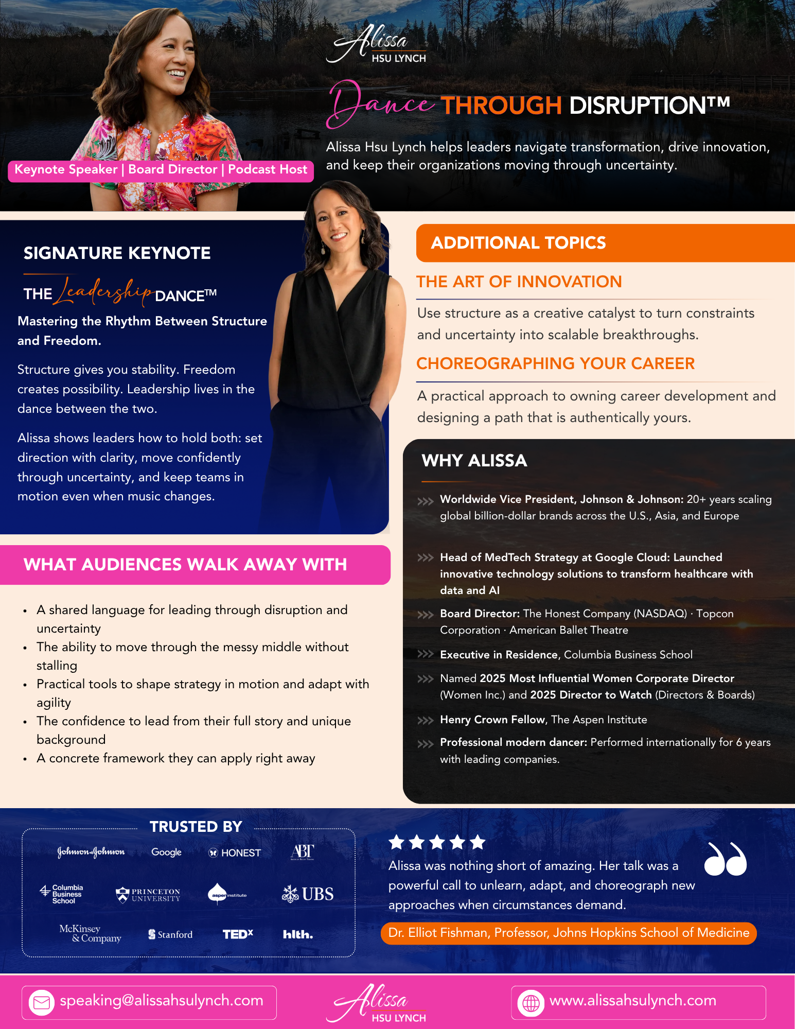 Example: Alissa Hsu Lynch anchors on one signature keynote plus a short set of takeaways, not an exhaustive topic list.