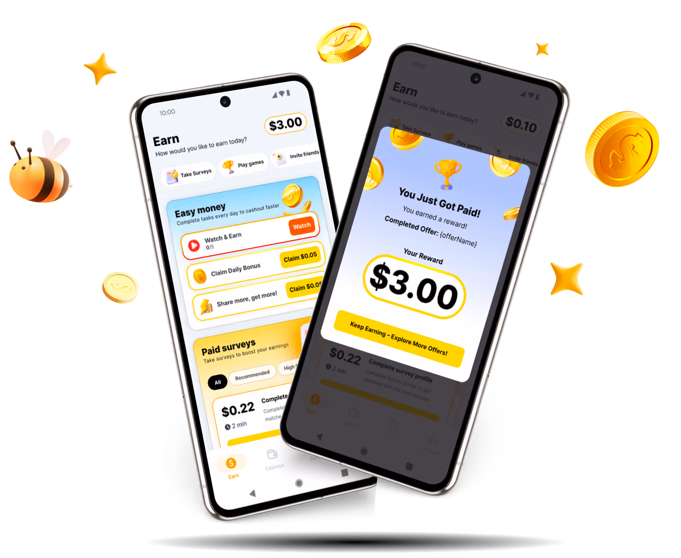 Two smartphones display the BrandBee rewards app