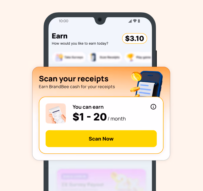 Mobile app screen showing an Earn feature with a $3.10 balance, highlighting 'Scan your receipts' to earn $1 to $20 per month with a yellow Scan Now button.