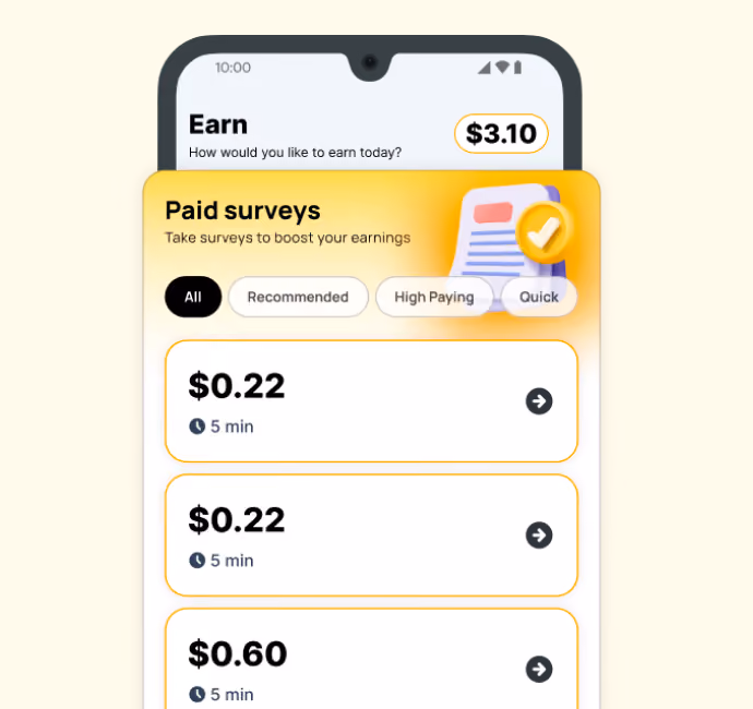 Mobile app screen showing paid surveys with earnings and time estimates, including $0.22 and $0.60 surveys each taking 5 minutes.