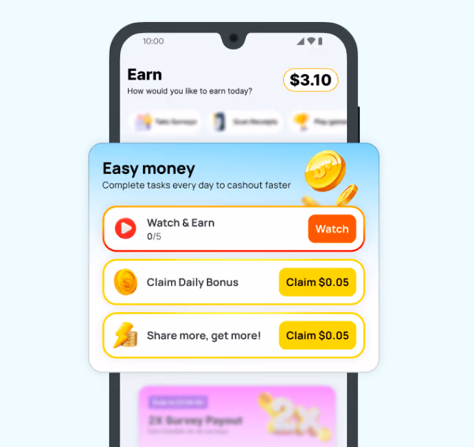 Mobile app screen showing an 'Earn' section with a $3.10 balance and tasks to earn money, including 'Watch & Earn,' 'Claim Daily Bonus,' and 'Share more, get more!' with respective claim buttons.