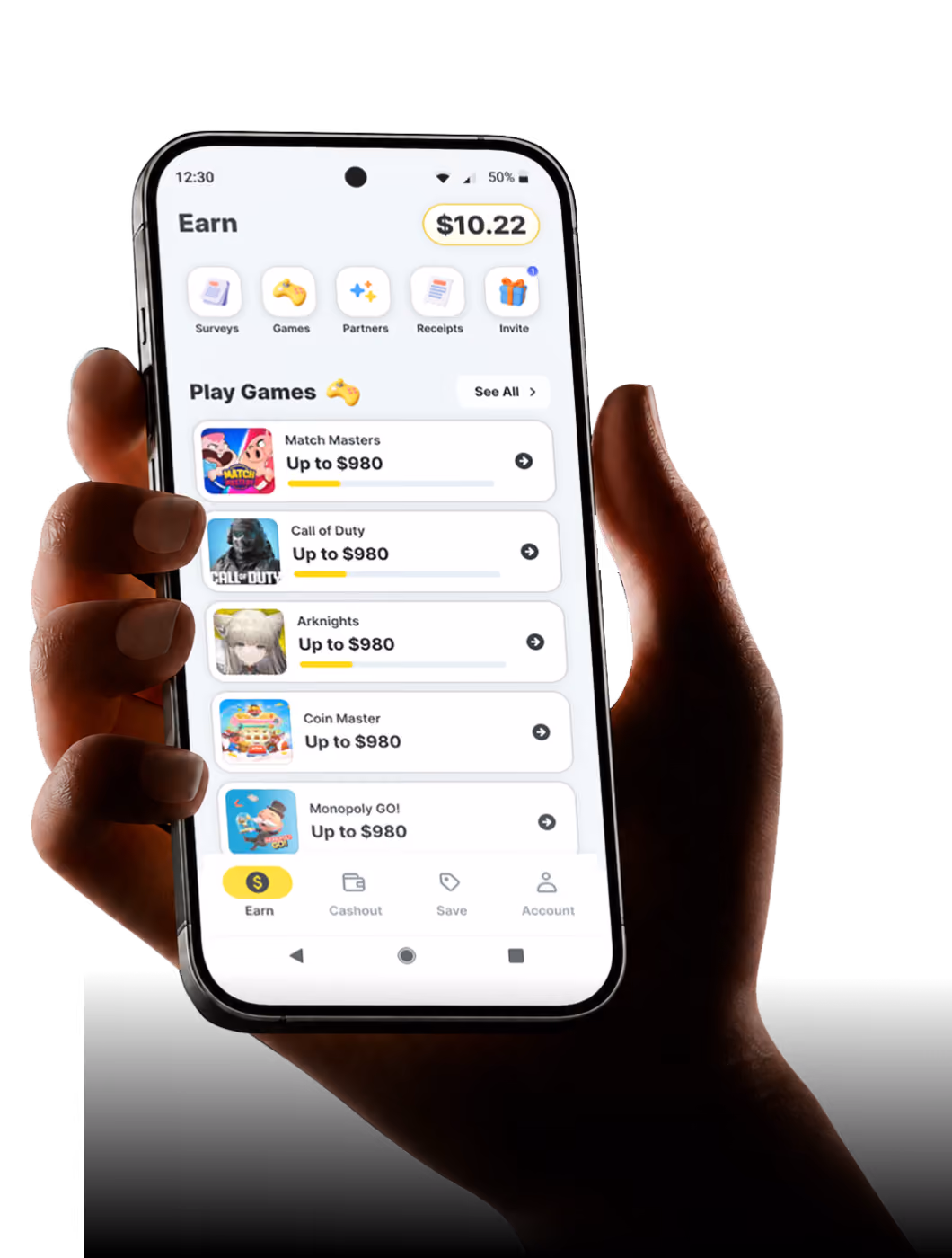 Two smartphones display the BrandBee rewards app