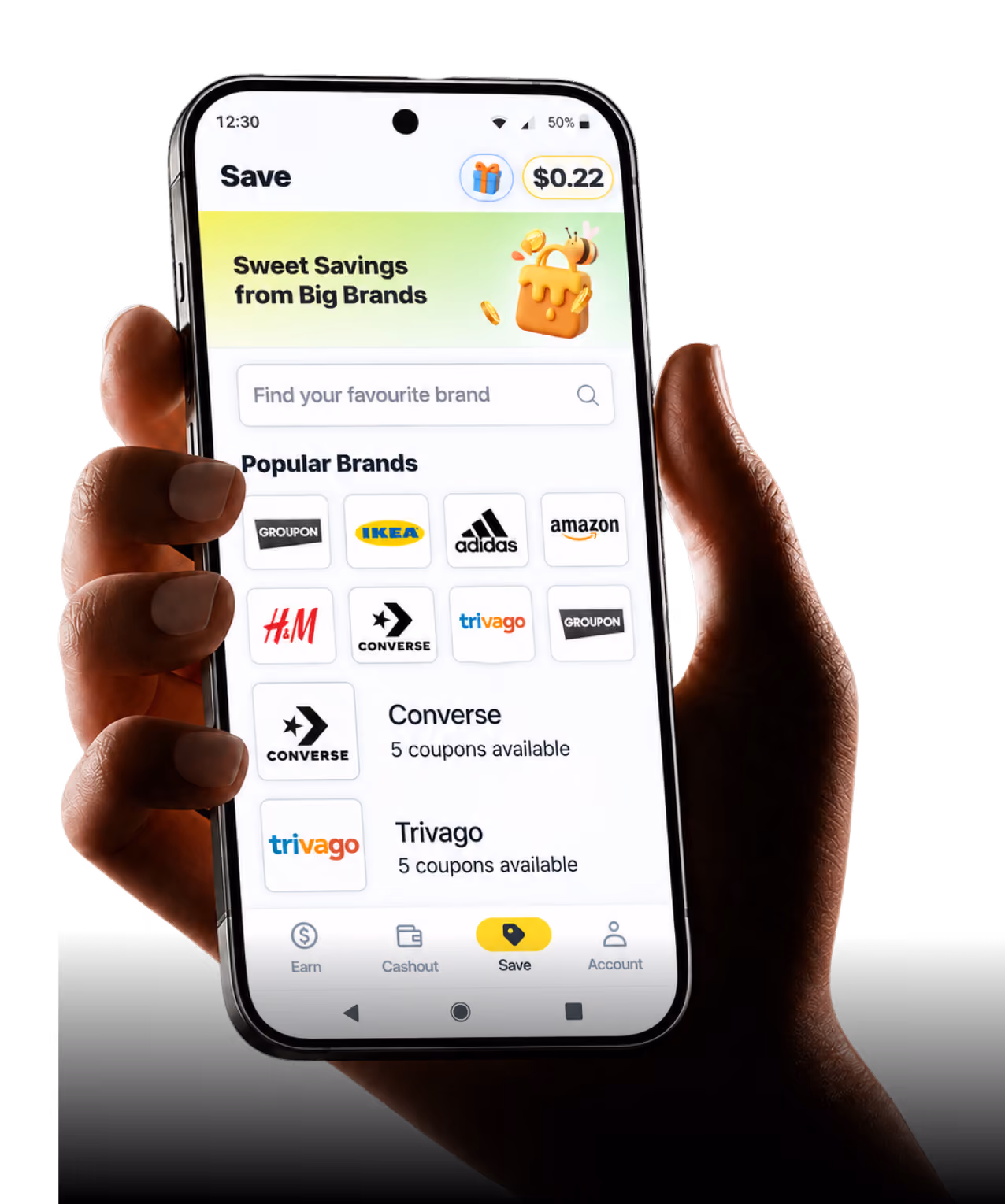 Two smartphones display the BrandBee rewards app