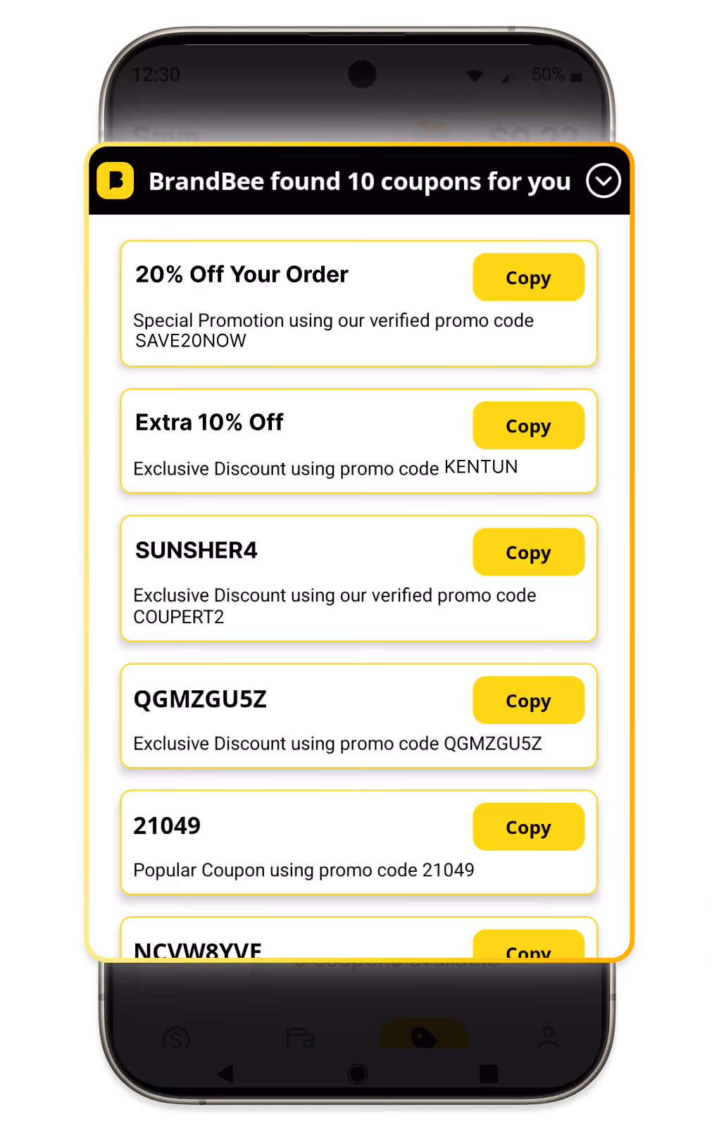 Coupons animated image: Mobile phone screen displaying BrandBee app showing a list of 10 coupons with promo codes such as SAVE20NOW, KENTUN, COUPERT2, QGMZGU5Z, and 21049, each with a yellow 'Copy' button to use the discounts.