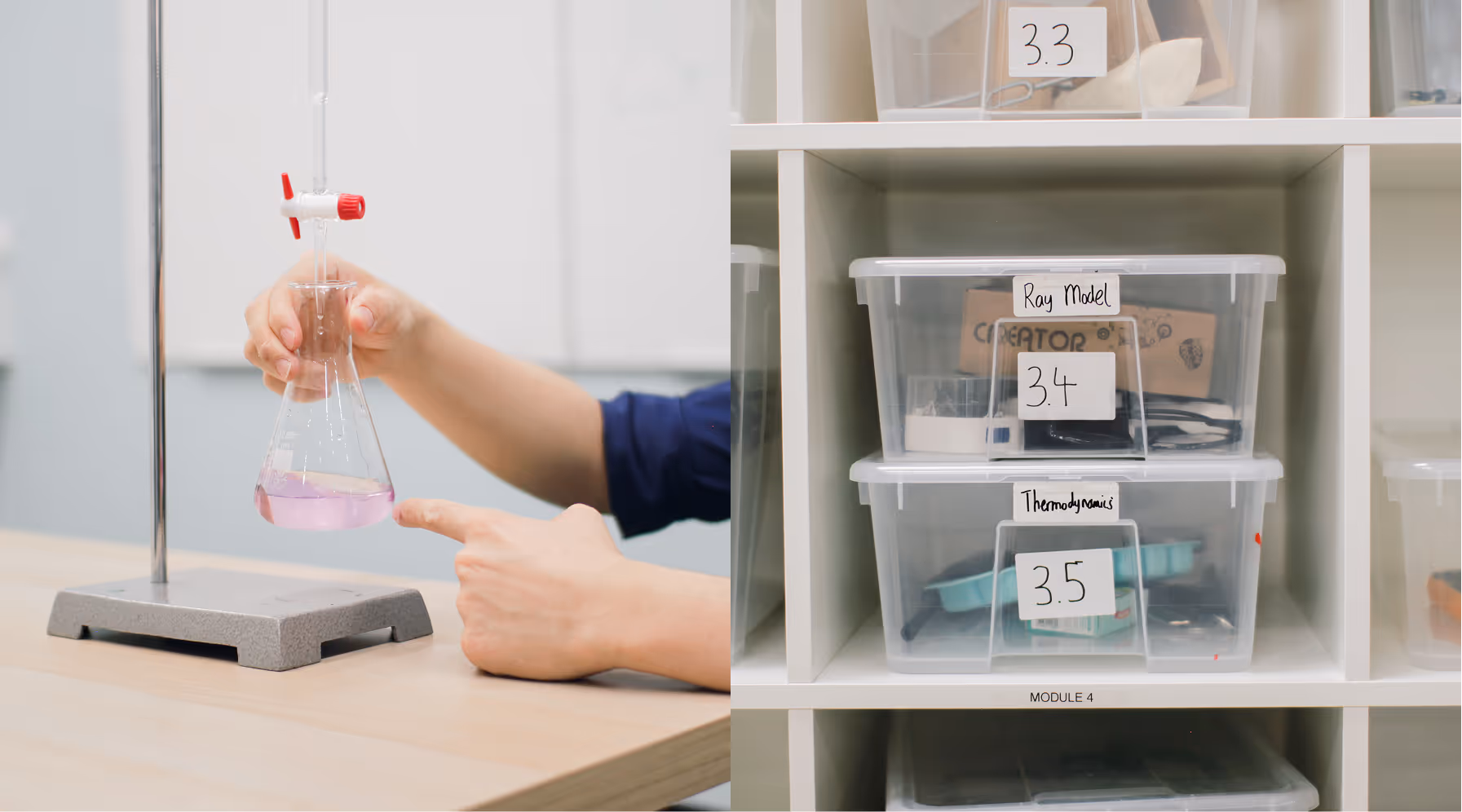 Person holding a glass flask with pink liquid under a laboratory valve setup next to labeled plastic storage bins in a shelf.