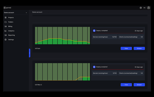 Dashboard showing server usage graphs and deploy status for US East and US West 2 regions.