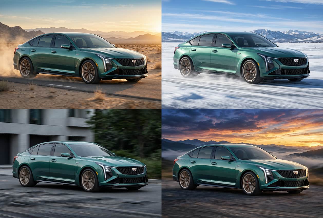 Four images showing a car in different environments 