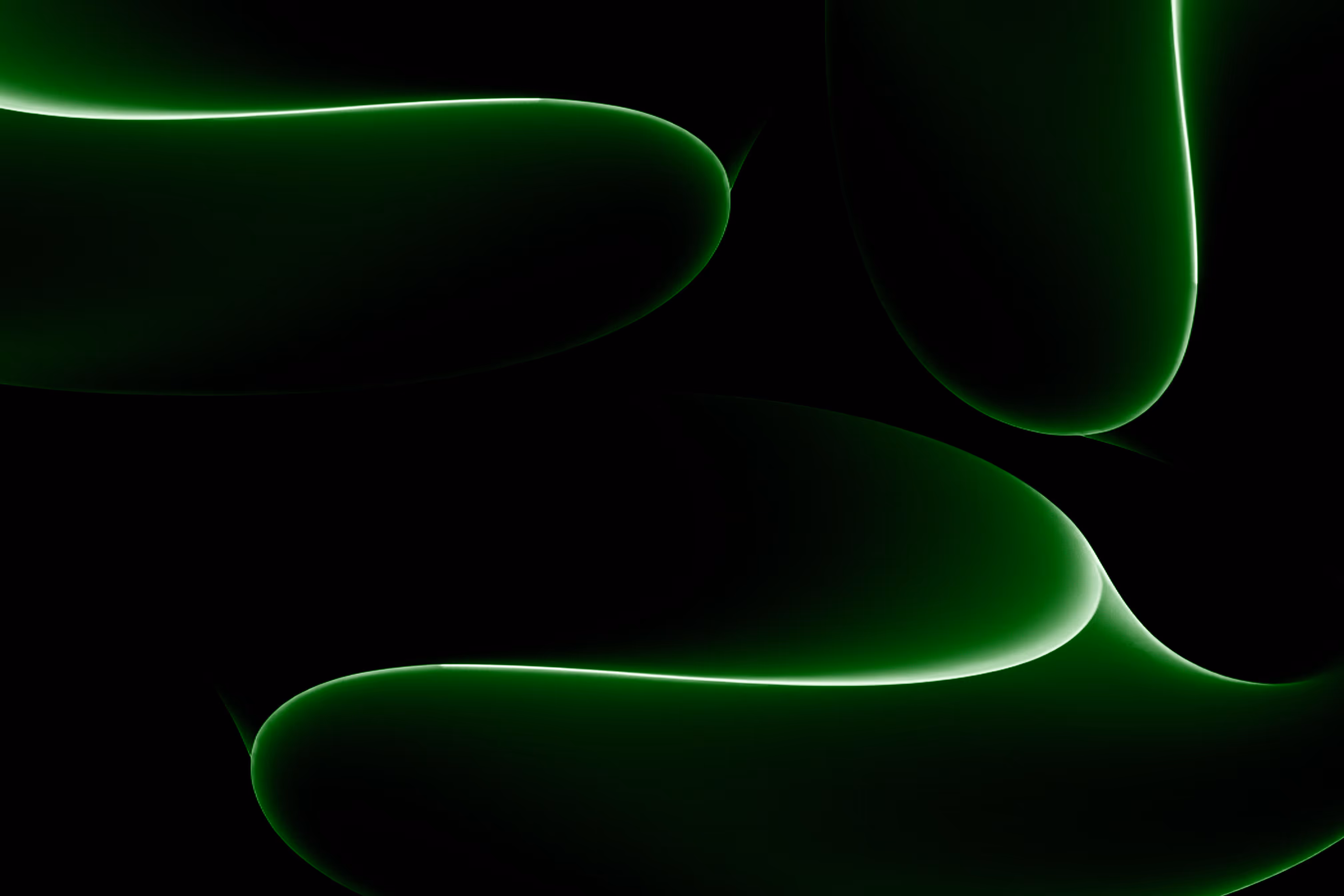 Abstract dark green glowing curved shapes with soft edges on black background.