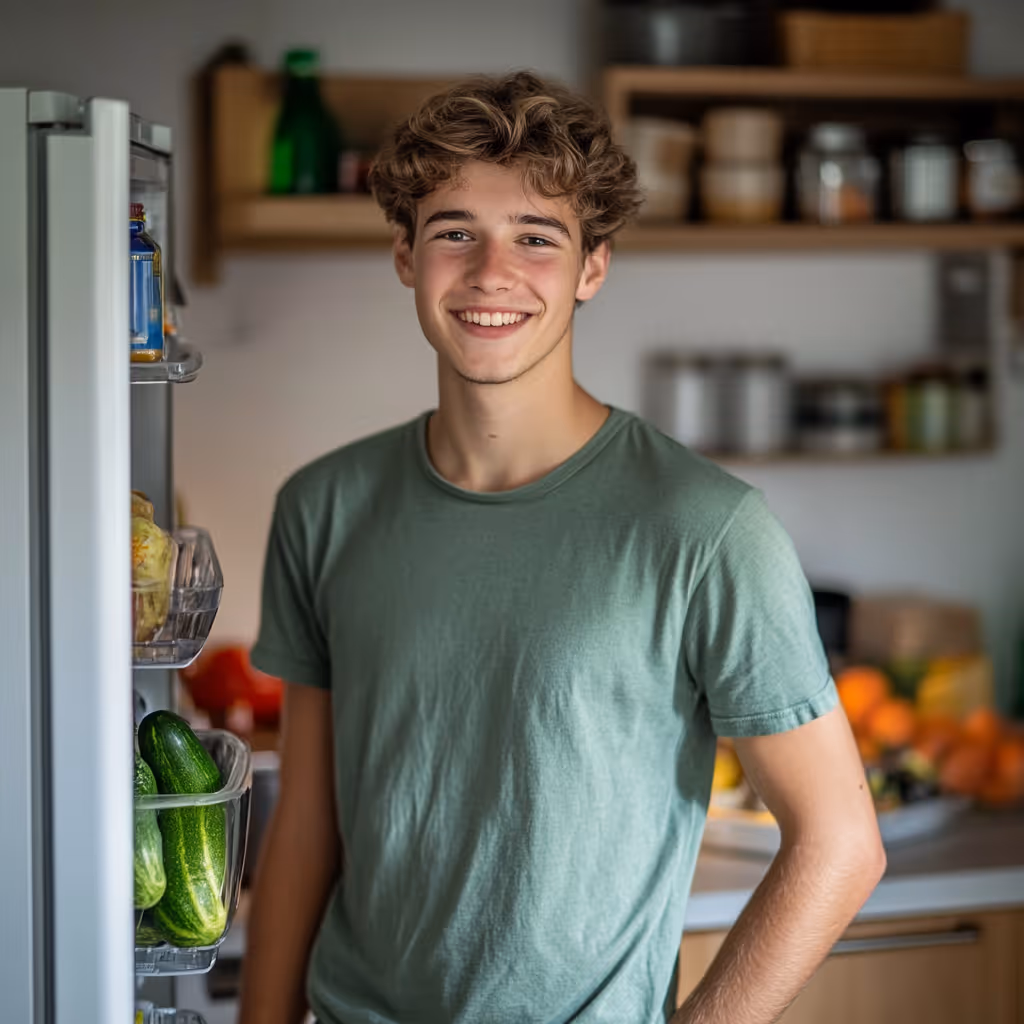 alt="JUHI Helfer verräumt die Wocheneinkäufe seiner Kundin in den Kühlschrank und lächelt dabei in die Kamera"