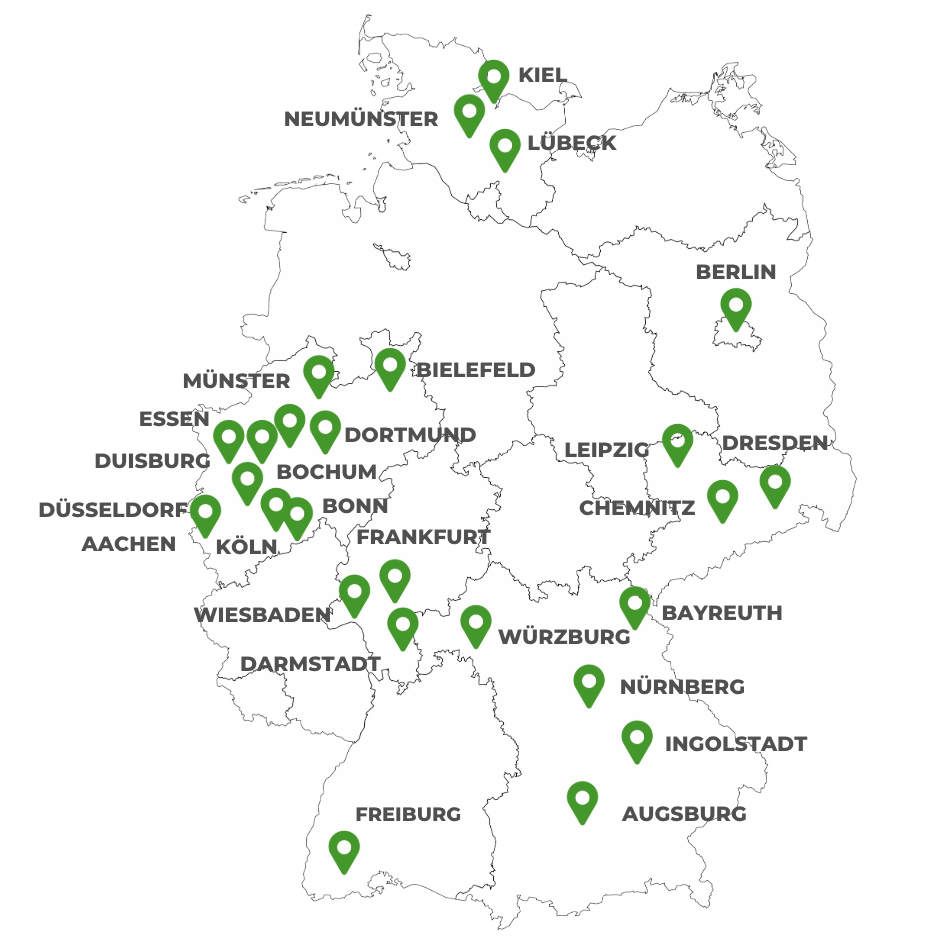 Übersicht der 26 Städte, in denen JUHI aktuell tätig ist