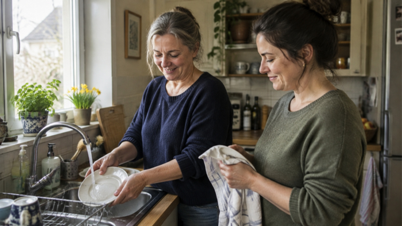 Zwei Frauen räumen gemeinsam eine Küche auf, eine von ihnen trocknet Geschirr ab
