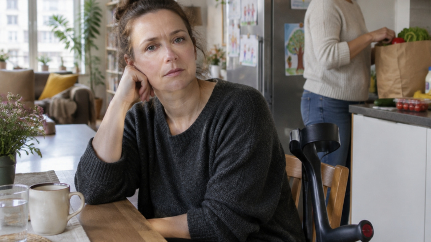 Jüngere Frau mit Unterarmgehstütze sitzt am Esstisch, im Hintergrund räumt eine Helferin Einkäufe ein