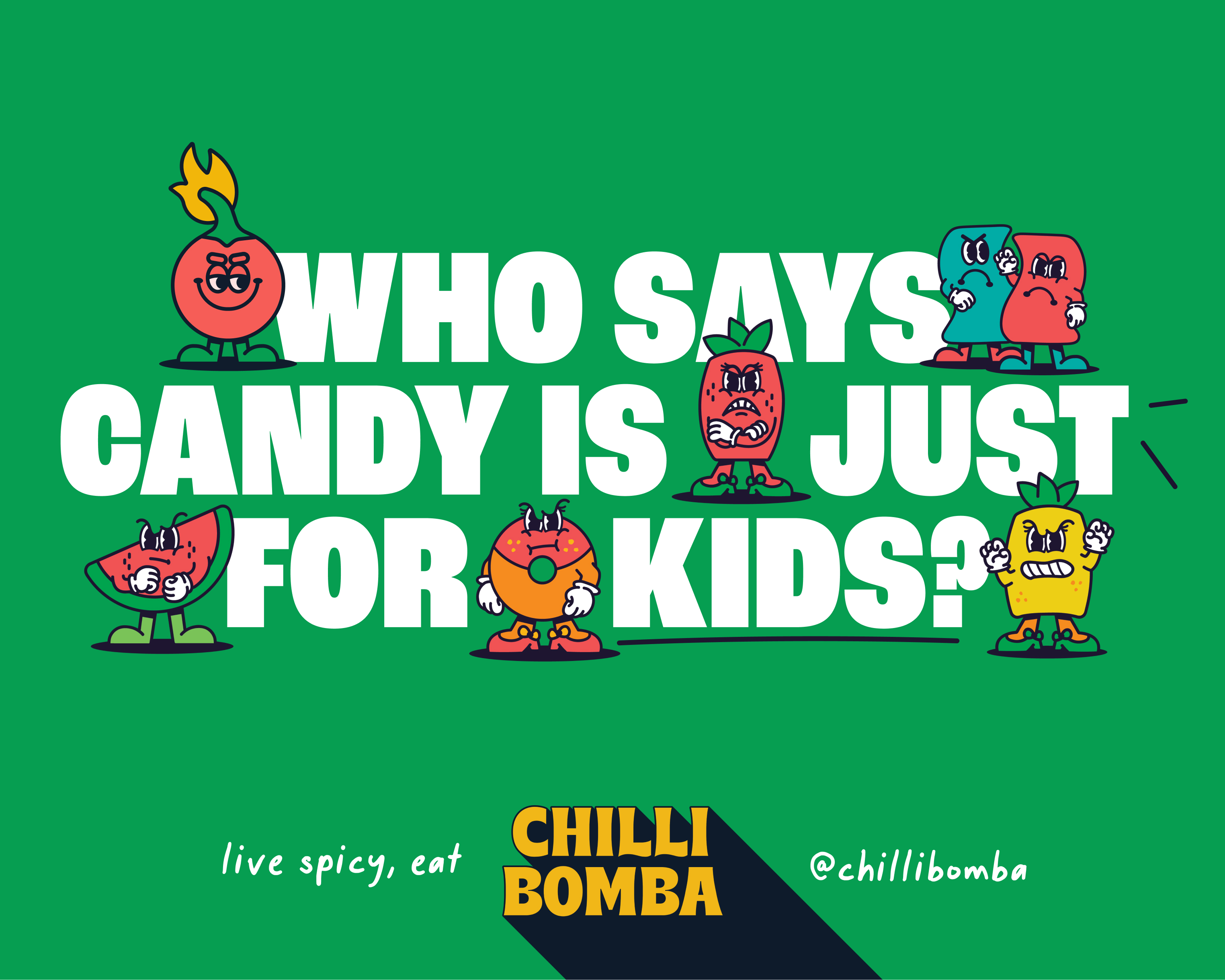 Chilli Bomba brand sticker showing the chili chamoy candy logo