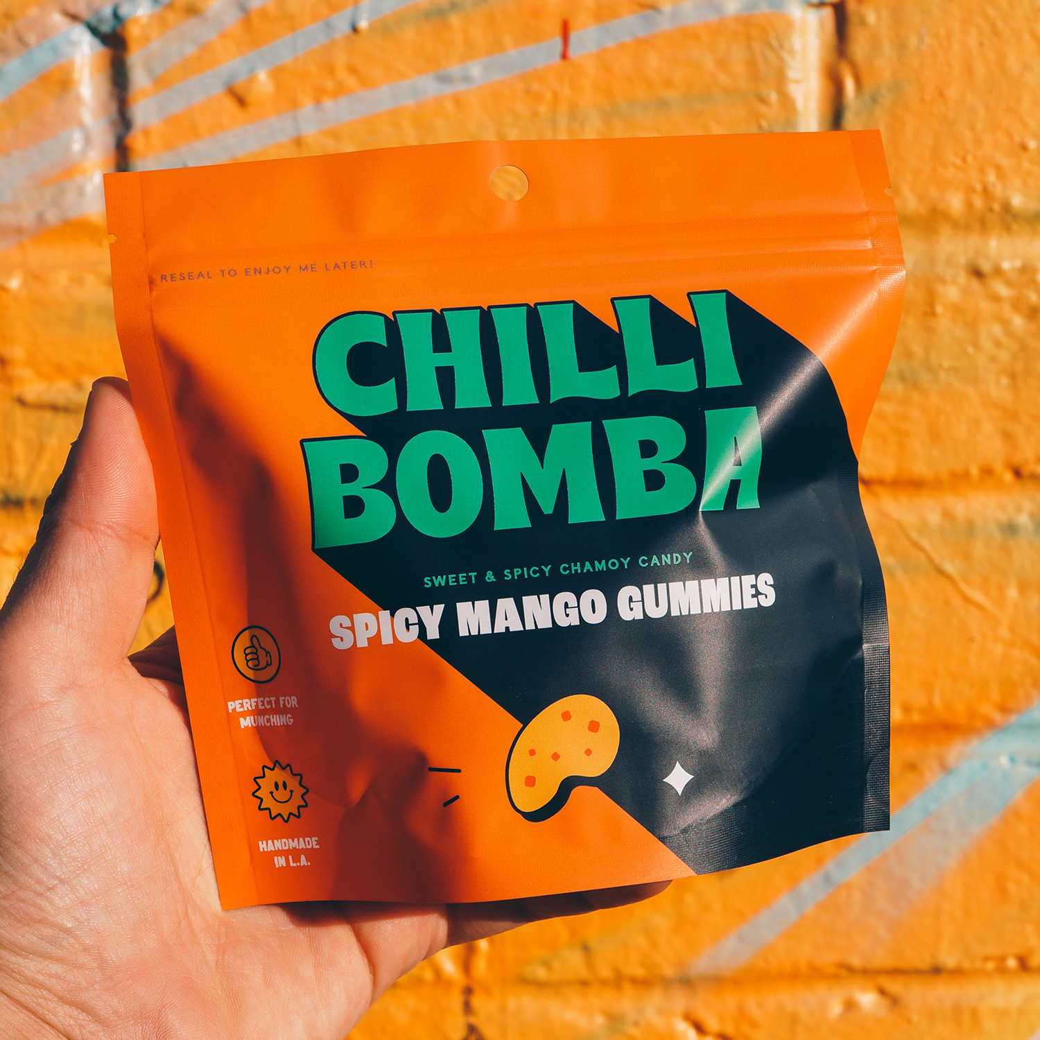 Chilli Bomba chamoy candy heat level guide showing medium-heat chili coating