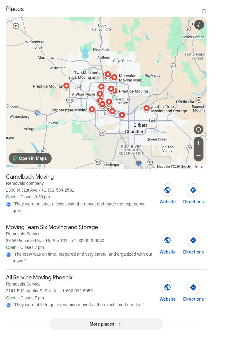 Google local results map for Phoenix with Camelback Moving, Moving Team Six Moving and Storage, and All Service Moving Phoenix, plus website and directions links.