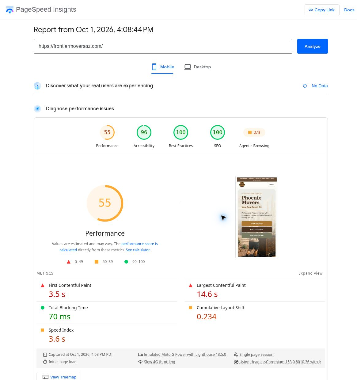 PageSpeed Insights mobile report for frontiermoversaz.com showing no CrUX data, lab performance 55, LCP 14.6 seconds, CLS 0.234 and TBT 70 milliseconds.