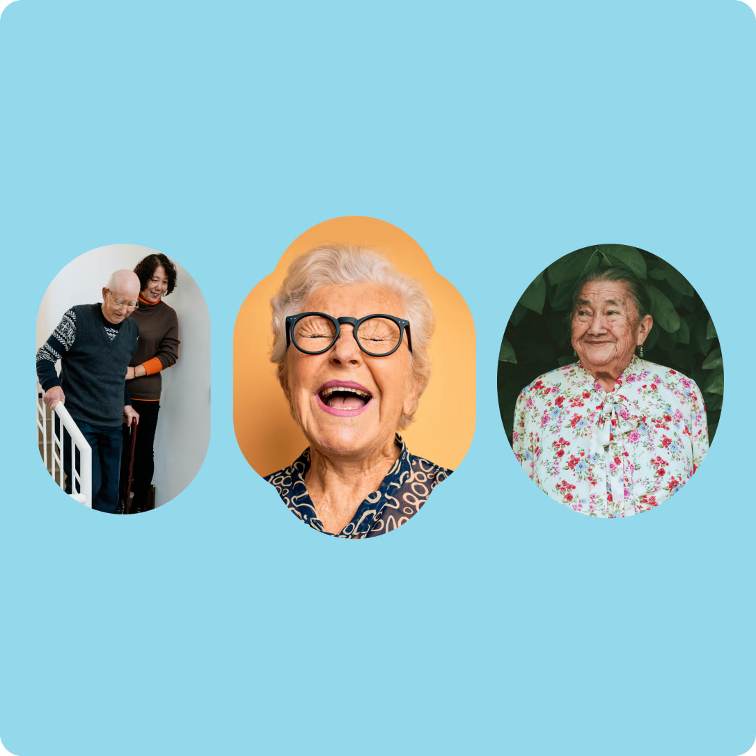 Three older adults framed in circles on a light blue background