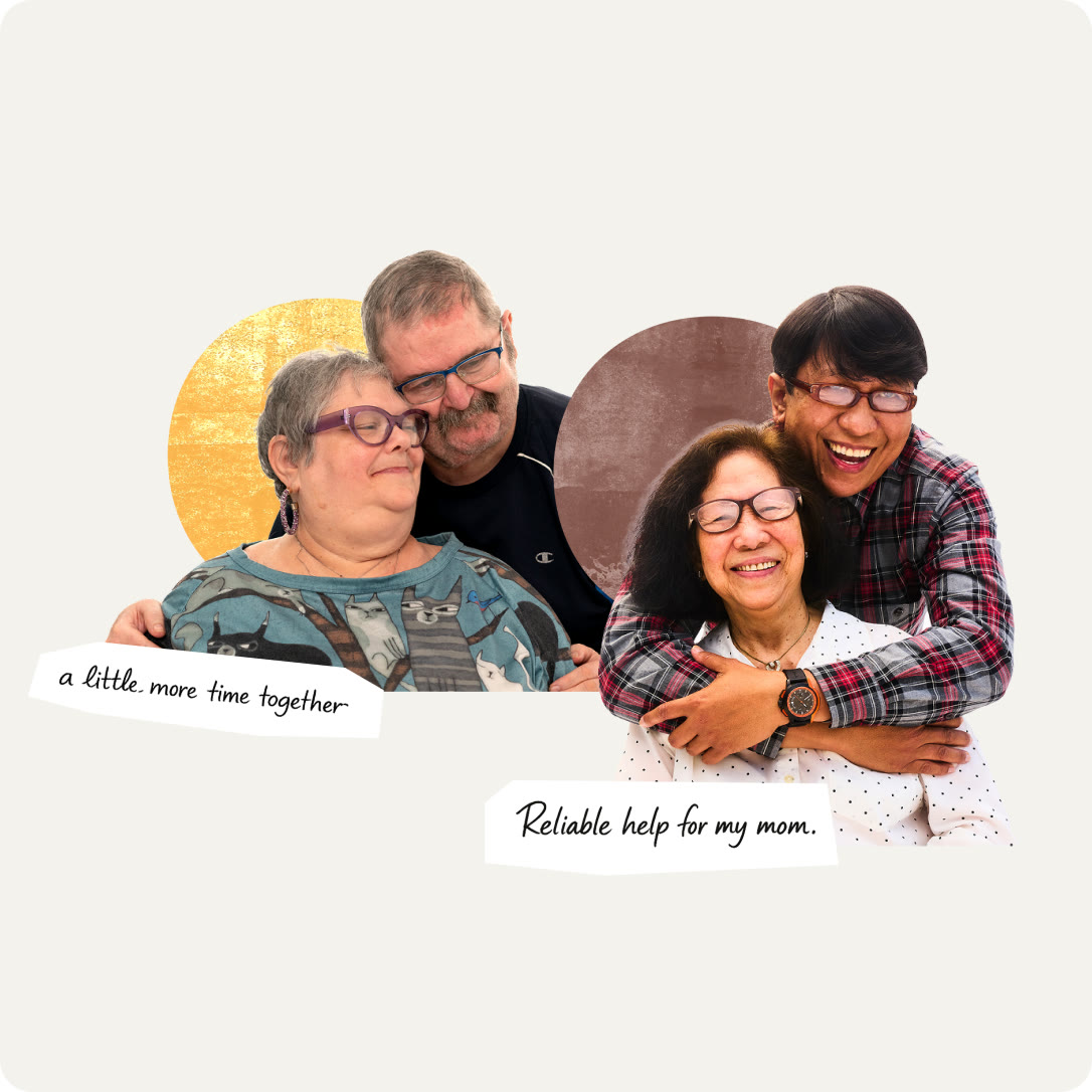 Two older couples embracing, with handwritten notes reading a little more time together and reliable help for my mom