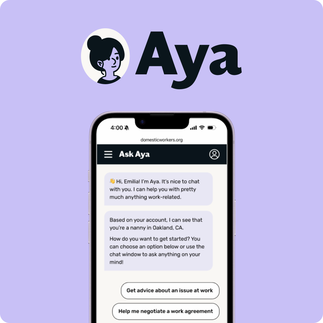 The Aya logo above a phone showing the Ask Aya chat assistant