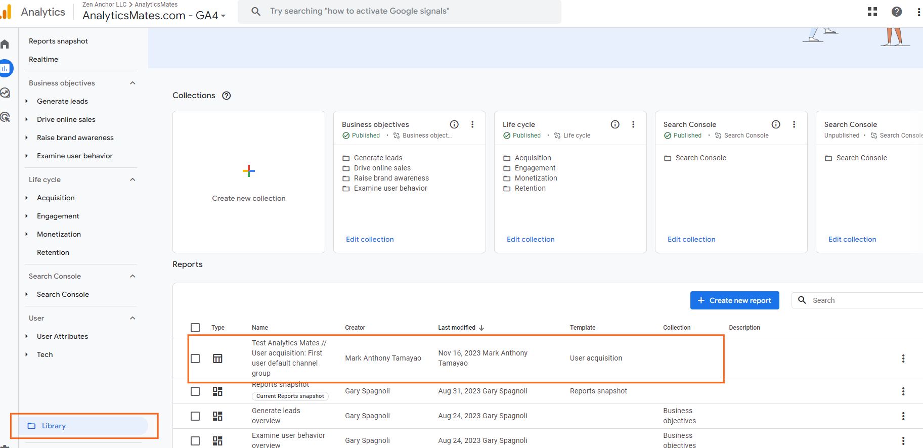 Google Analytics 4 Library view showing a saved custom report highlighted in the reports list.