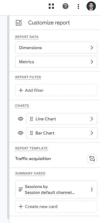 Google Analytics 4 customize report panel showing options for dimensions, metrics, filters, chart types, and summary cards.