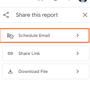 hare options in Google Analytics 4 with Schedule Email, Share Link, and Download File choices highlighted.