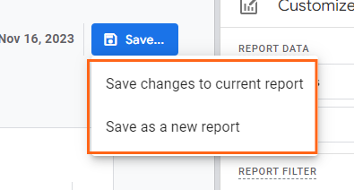 Save options in Google Analytics 4 showing choices to save changes to the current report or save as a new report.