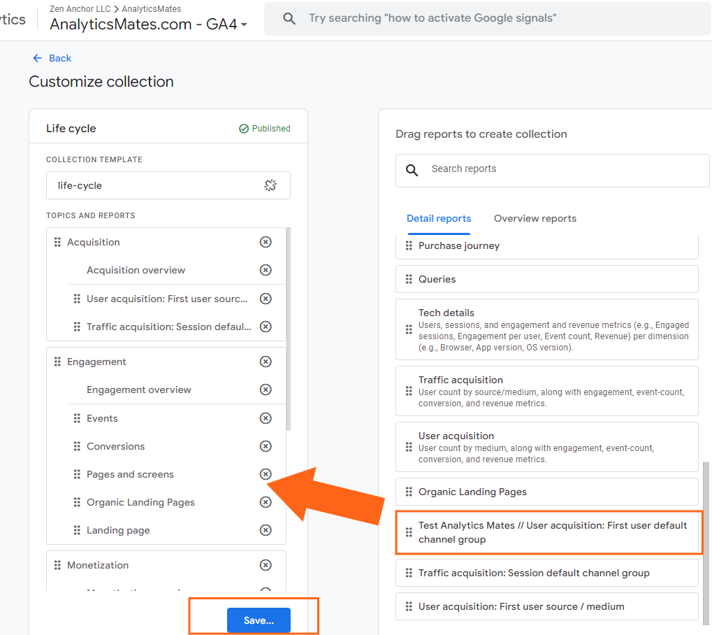 Customize collection view in Google Analytics 4 showing selected reports under Life Cycle and the option to add or save reports highlighted.