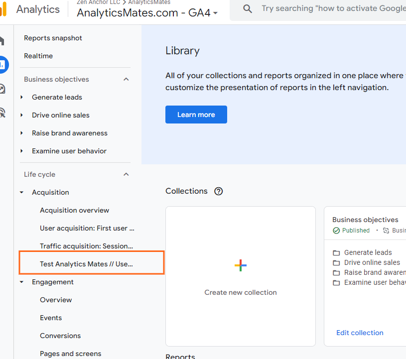 Google Analytics 4 Library view with a custom report highlighted under the Acquisition section in the left navigation menu.