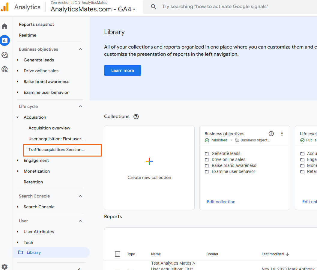 Google Analytics 4 Library view showing navigation menu and highlighted traffic acquisition report option.