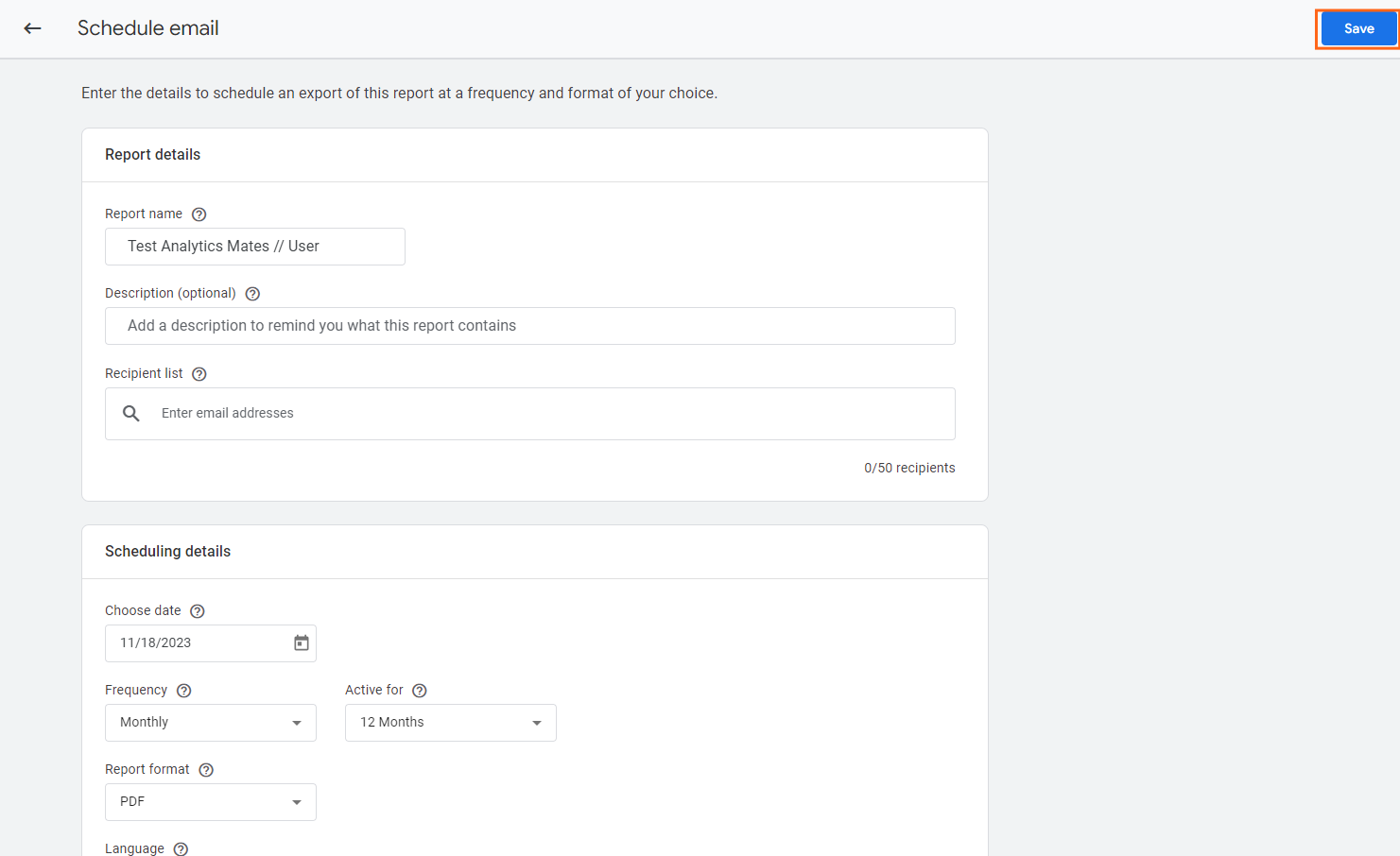 Schedule email settings in Google Analytics 4 showing fields for report name, recipient list, scheduling details, and save option highlighted.