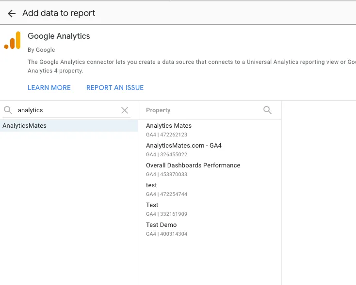 Google Analytics connector in Looker Studio displaying a list of GA4 properties for selection.