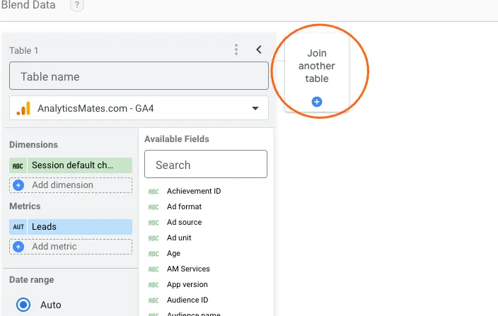 Google Data Studio interface. The "Blend Data" section is visible, with a table named "AnalyticsMates.com - GA4" selected. The "Join another table" button is highlighted, indicating the option to combine data from multiple sources within the report.