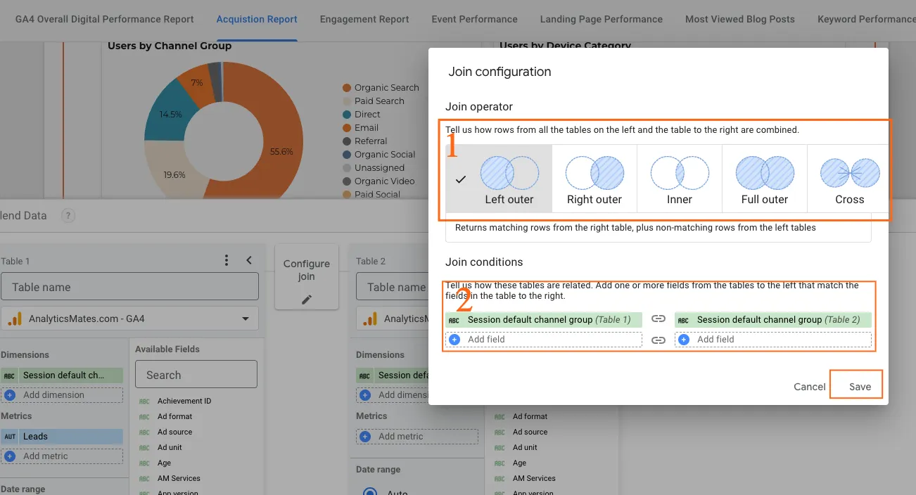 Google Data Studio interface showing the "Join configuration" window. It displays options for joining data from two tables using different join operators, visualized with overlapping circles. The "Join conditions" section allows users to specify the fields from each table to be used for matching rows.