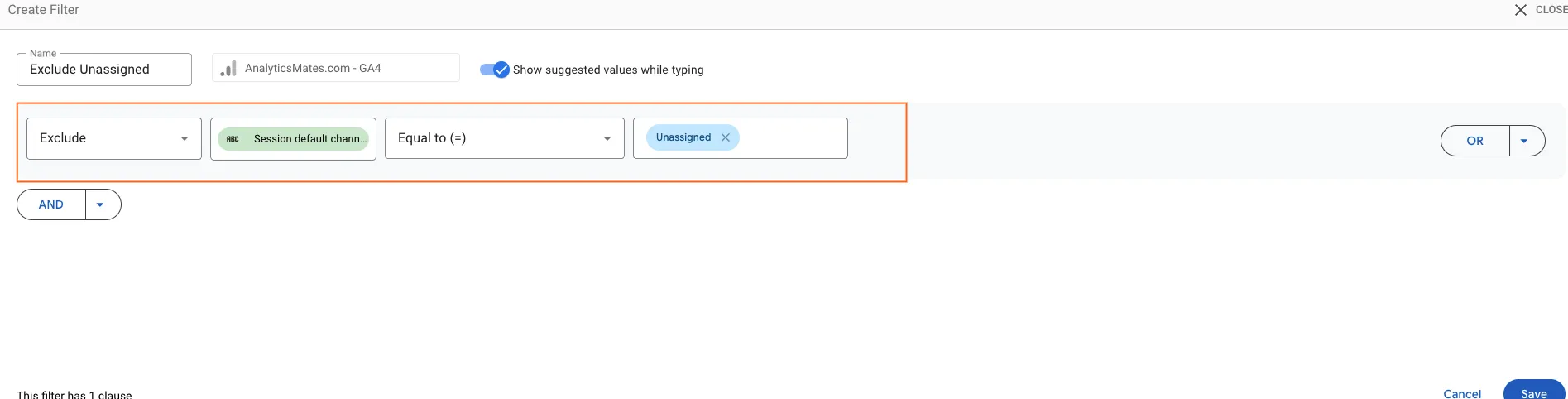 Google Data Studio interface showing the "Create Filter" window. The filter is named "Exclude Unassigned." The filter condition is set to "Exclude" where "Session default channel" is "Equal to" "Unassigned.