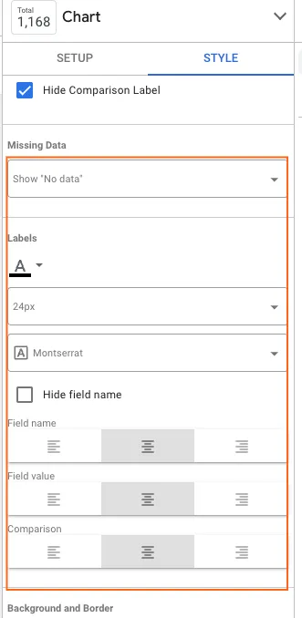 Google Data Studio interface showing the "SETUP" panel for a chart. The panel allows for customization of various chart elements, including the option to "Hide Comparison Label," settings for missing data, labels, field names, and background/border. The "Labels" section is highlighted, showing options for font size, font family, and the ability to hide field names.