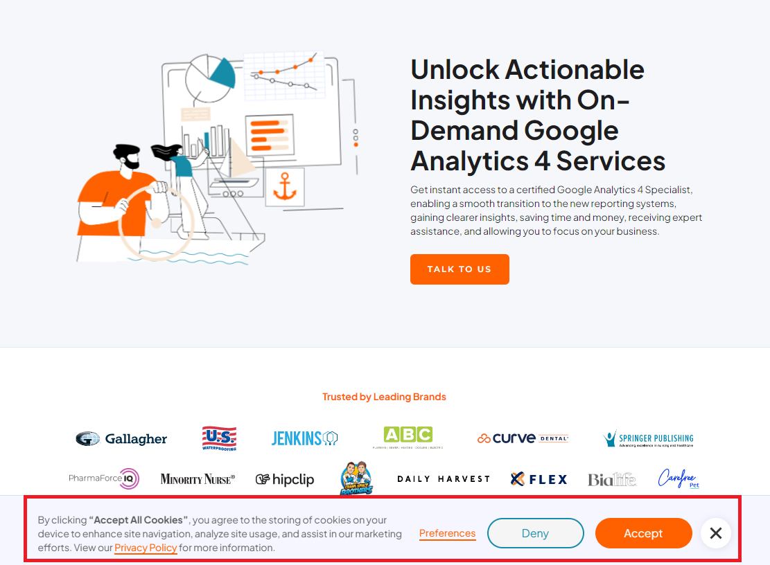 A webpage promoting Google Analytics 4 services with a cartoon illustration and logos of trusted brands. A cookie banner at the bottom seeks user consent for cookie usage.