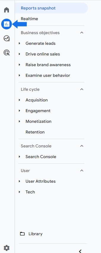 Screenshot showing how to access the Standard reports by clicking the "Reports" button in the left-hand navigation menu.