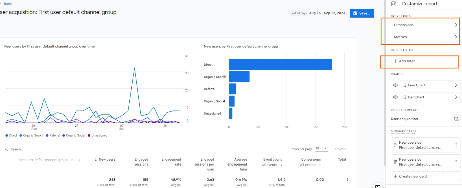 In the REPORT DATA , you can change the dimensions and metrics that are displayed in the report.