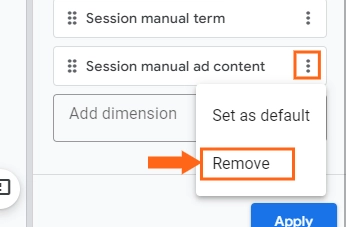 To remove a dimension from a report, simply click on the action icon (three dots) beside the dimension name and select Remove. 