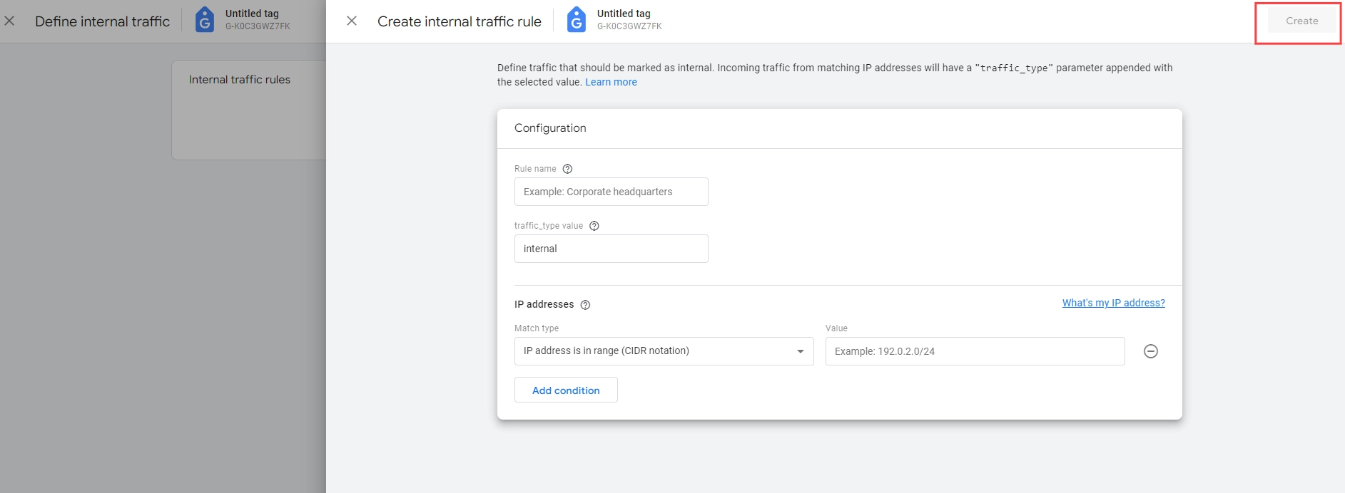 Click Create. Turn on Automated Filters - Filter Internal Traffic