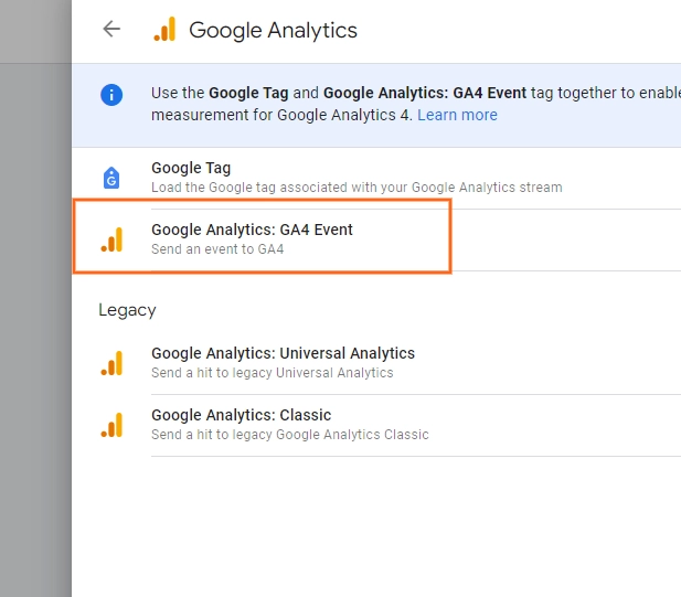 Click Tag Configuration > Google Analytics > Google Analytics: GA4 Event