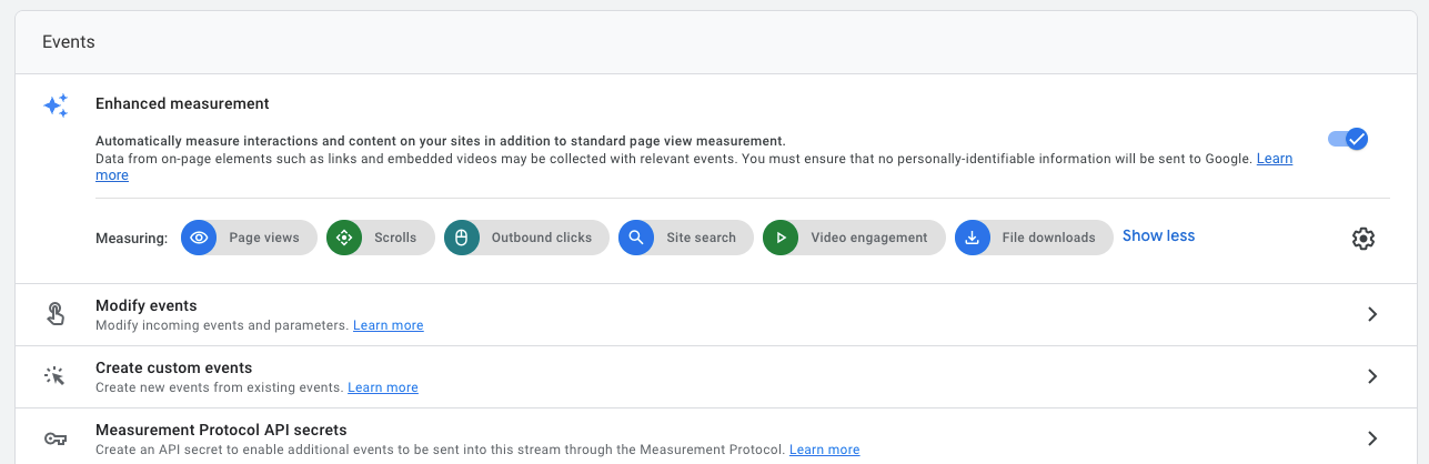 he "Events" section in Google Analytics 4 shows "Enhanced measurement" is active and tracking various events like page views, scrolls, and video engagement.