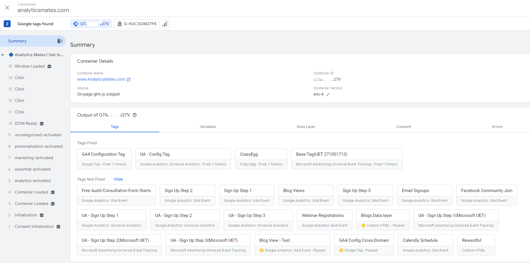 Google Tag Manager's debug mode interface, showing details of tags fired and not fired on a specific page, with a focus on troubleshooting and testing.