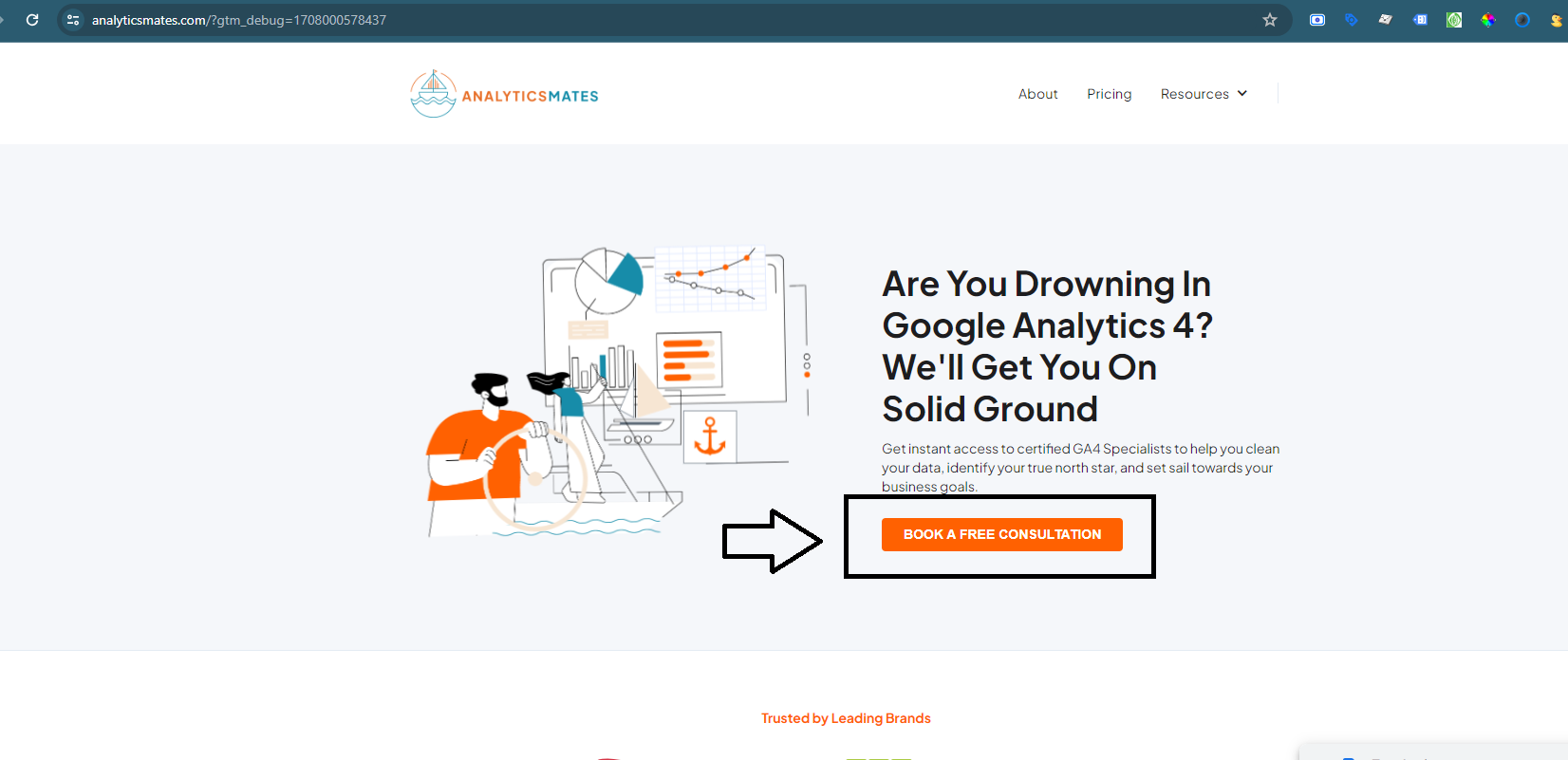 AnalyticsMates website promoting their Google Analytics 4 services, with a visual of someone sailing through data and a clear call to action to "Book a Free Consultation".