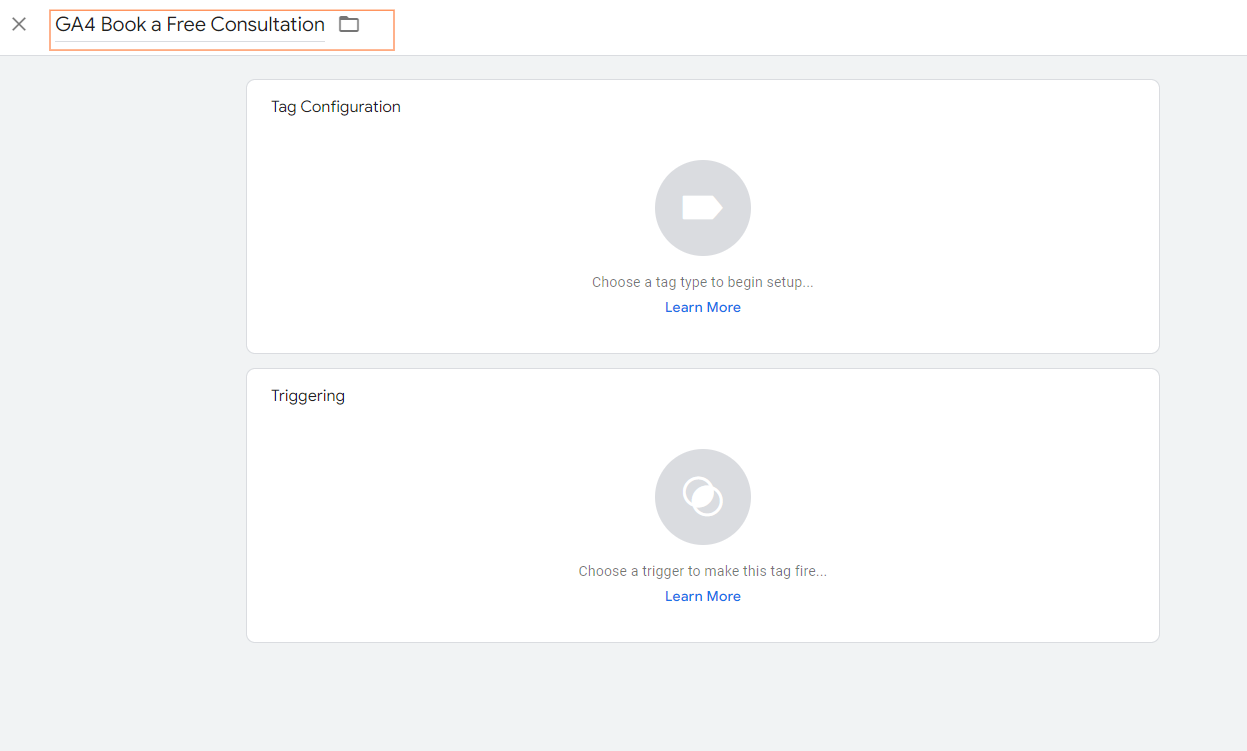 Google Tag Manager's tag configuration screen with a focus on "Tag Configuration" and "Triggering", showing the initial steps for setting up a new tag.