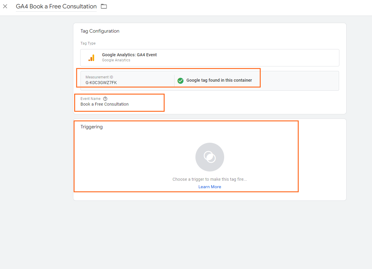 Google Tag Manager's tag configuration screen, highlighting the "Tag Type", "Measurement ID", and "Event Name" fields for a "GA4 Book a Free Consultation" tag.