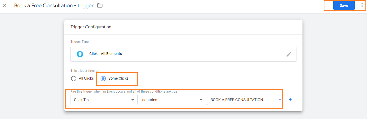 Google Tag Manager's "Trigger Configuration" screen, highlighting the "Trigger Type", "Click All Elements", and "Fire this trigger when an Event occurs" fields for a "Book a Free Consultation" trigger.