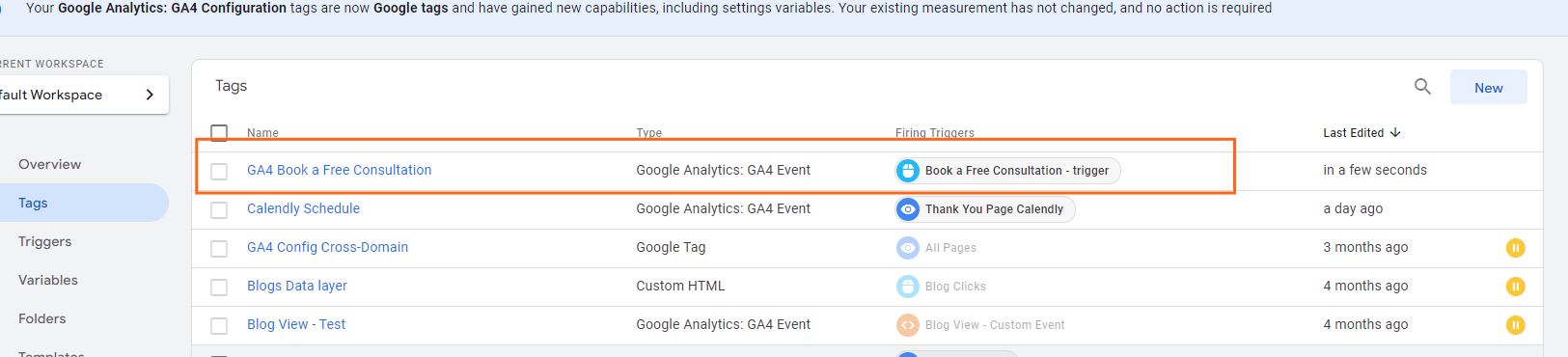 Google Tag Manager's "Tags" list, highlighting the "GA4 Book a Free Consultation" tag, indicating a specific tag for tracking a free consultation event.