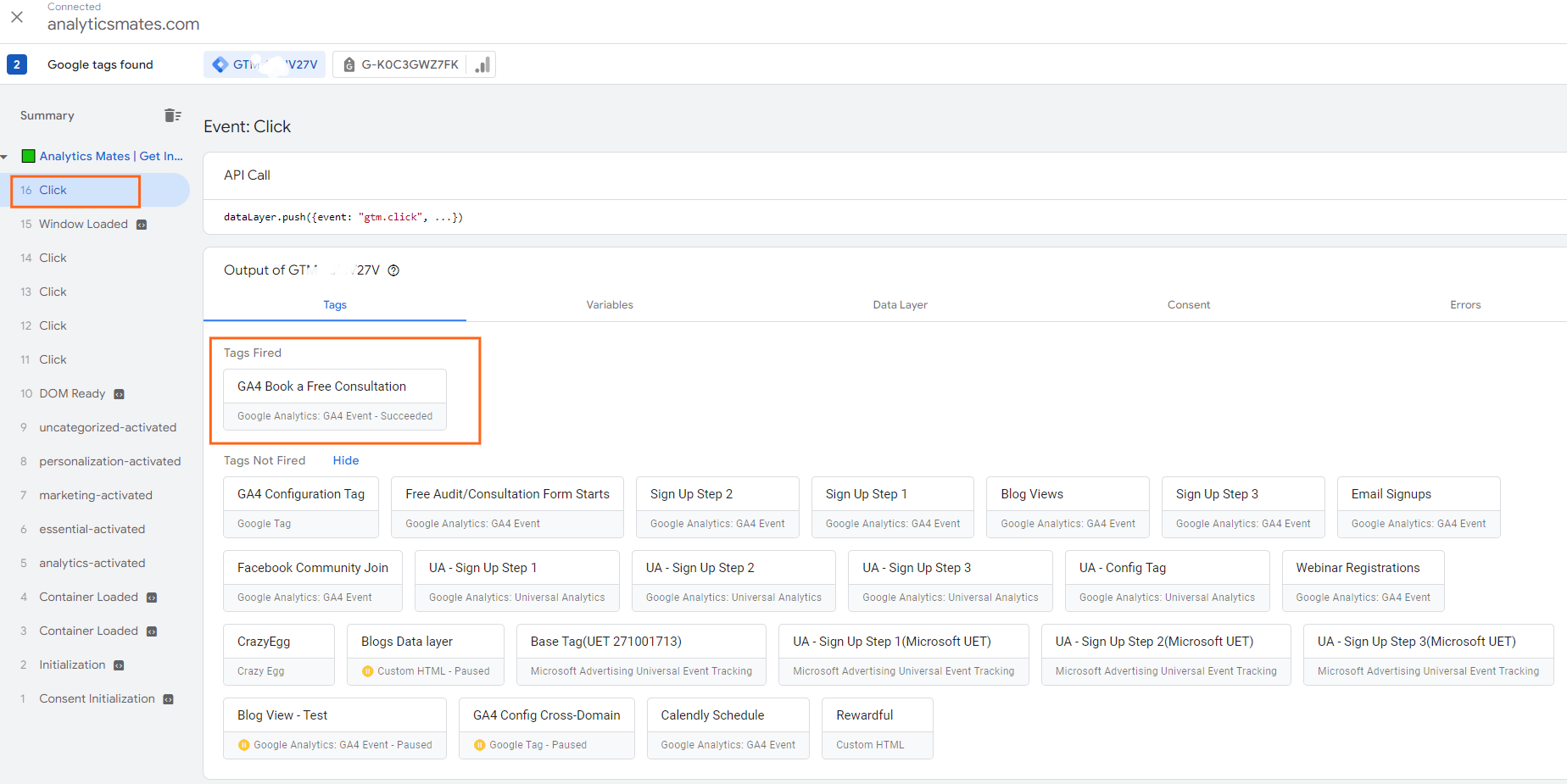 Google Tag Manager's debug mode interface, showing details of tags fired and not fired on a specific page, with a focus on troubleshooting and testing.